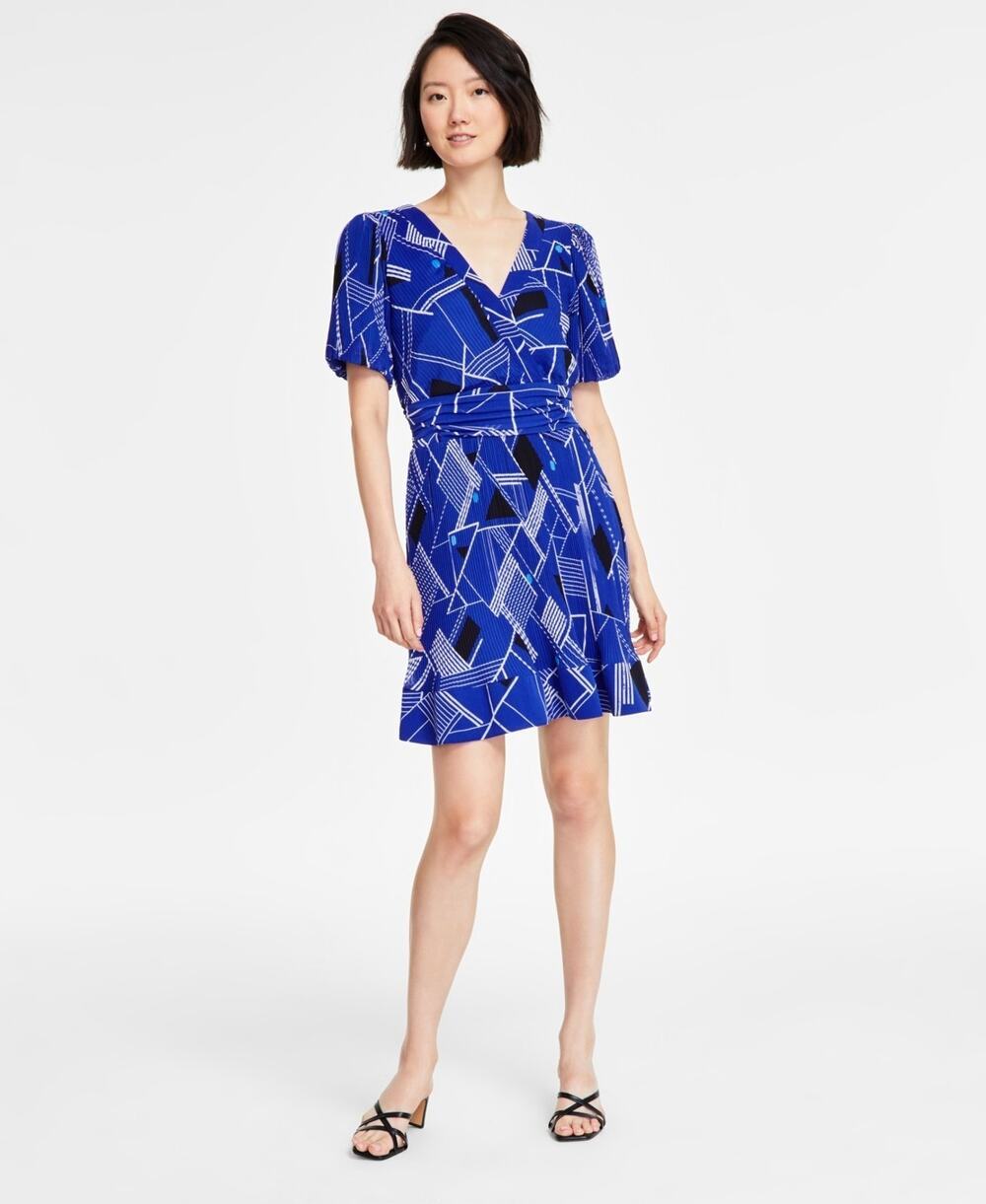 Karl Lagerfeld Paris V-Neck Ruched Waist Dress Electric Indigo 12 Pleated NEW